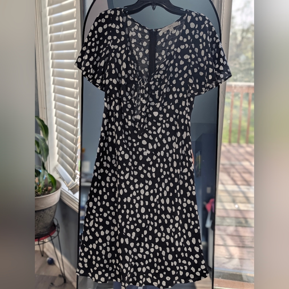 LOFT Black Midi Dress with White Spot Print